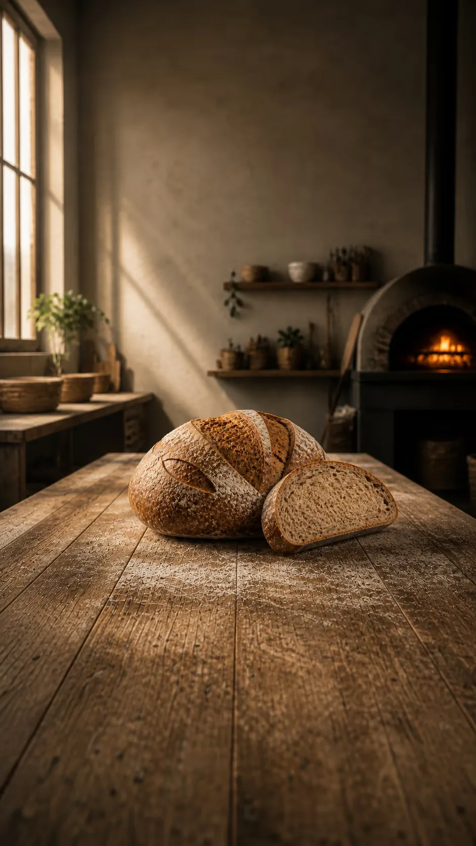 Whole wheat sourdough loaf with a cut slice