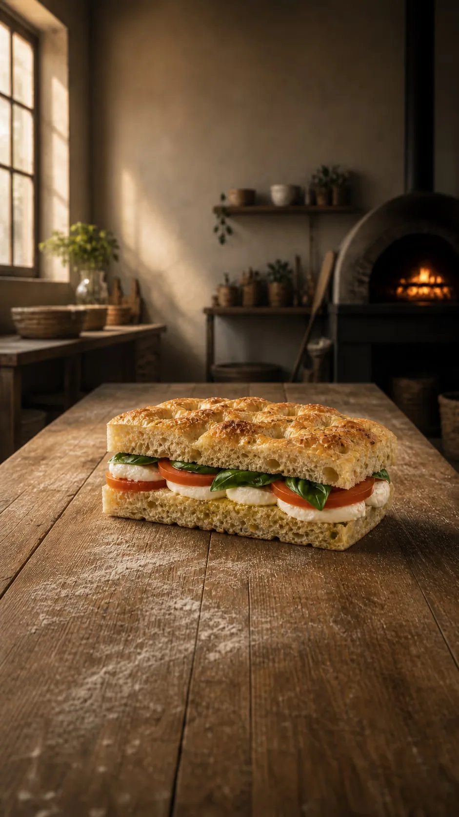 Caprese focaccia on a floured bakery table